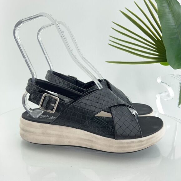 Clarks Womens Drift Sun Sandal Size 10 Black Woven Slingback Platform Wedge - Picture 3 of 16